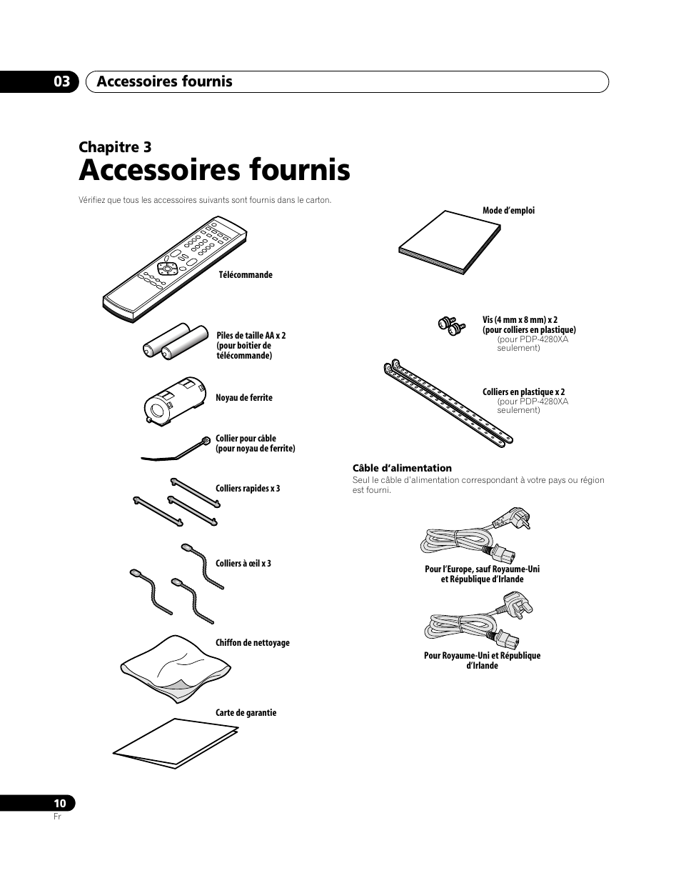 Accessoires fournis, Accessoires fournis 03, Chapitre 3 | Pioneer PDP-5080XA User Manual | Page 70 / 362