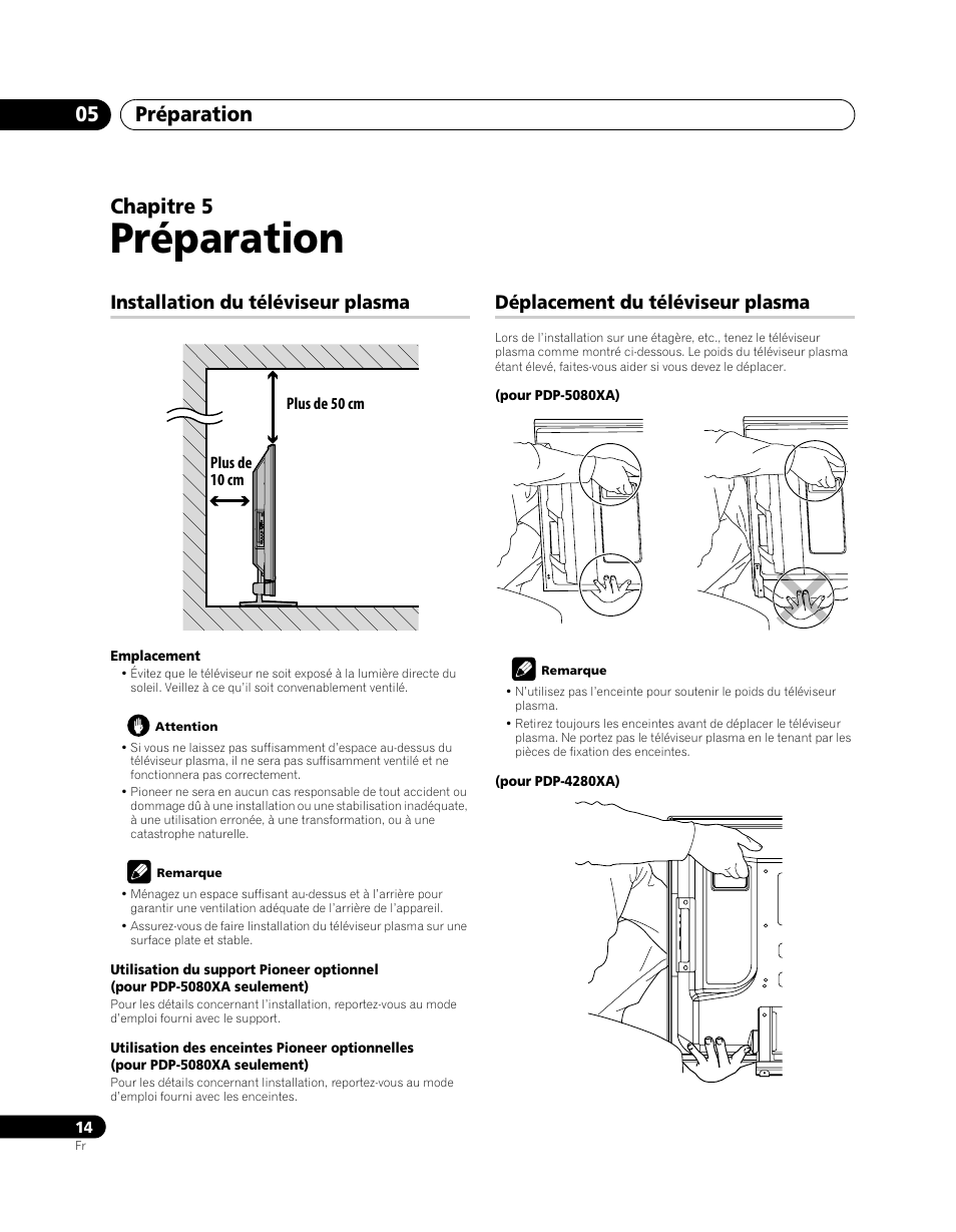05 préparation, Installation du téléviseur plasma, Déplacement du téléviseur plasma | Préparation, Préparation 05, Chapitre 5 | Pioneer PDP-5080XA User Manual | Page 74 / 362