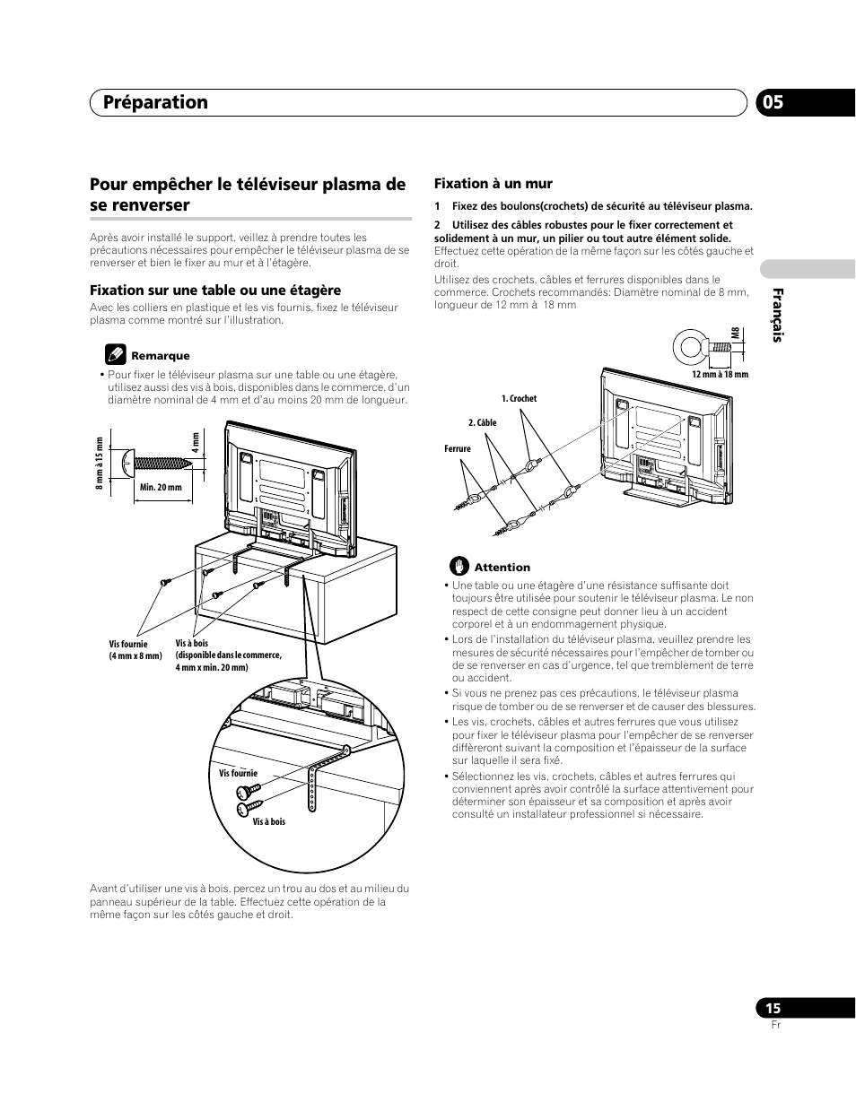 Pour empêcher le téléviseur plasma de se, Renverser, Préparation 05 | Pour empêcher le téléviseur plasma de se renverser | Pioneer PDP-5080XA User Manual | Page 75 / 362