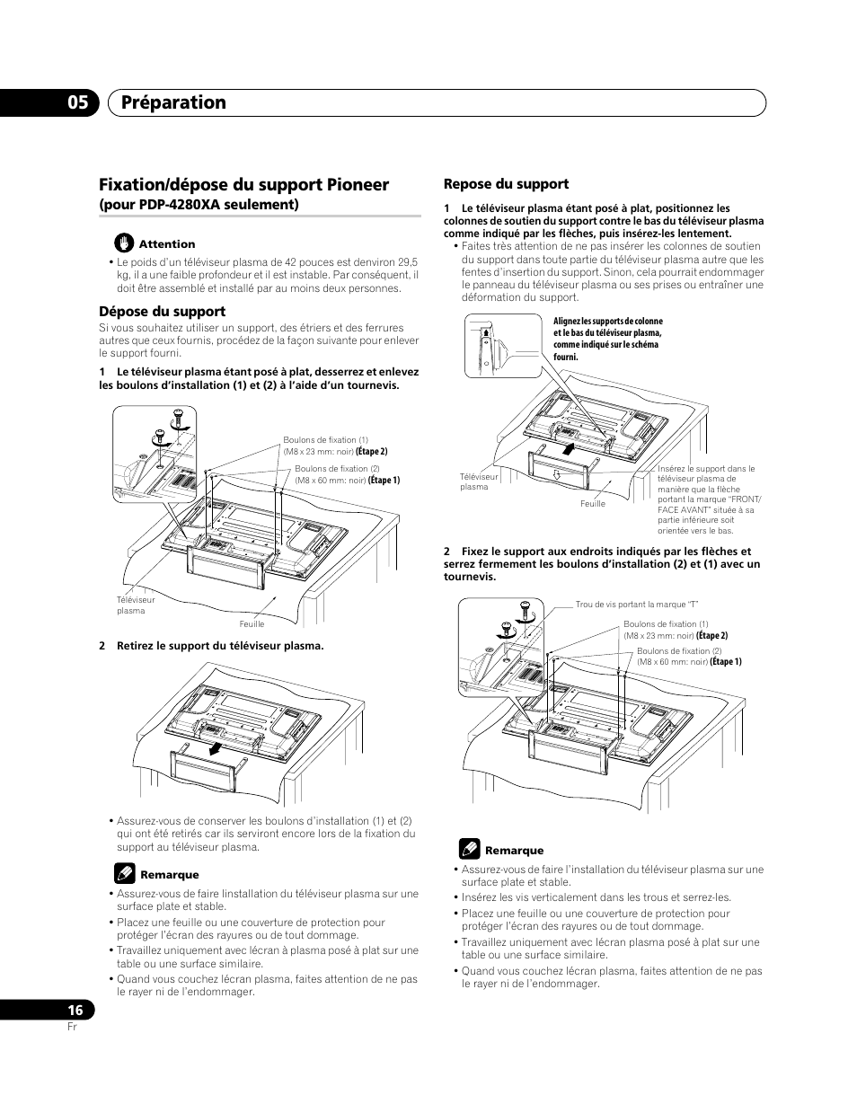 Fixation/dépose du support pioneer, Pour pdp-4280xa seulement), Préparation 05 | Dépose du support, Repose du support | Pioneer PDP-5080XA User Manual | Page 76 / 362