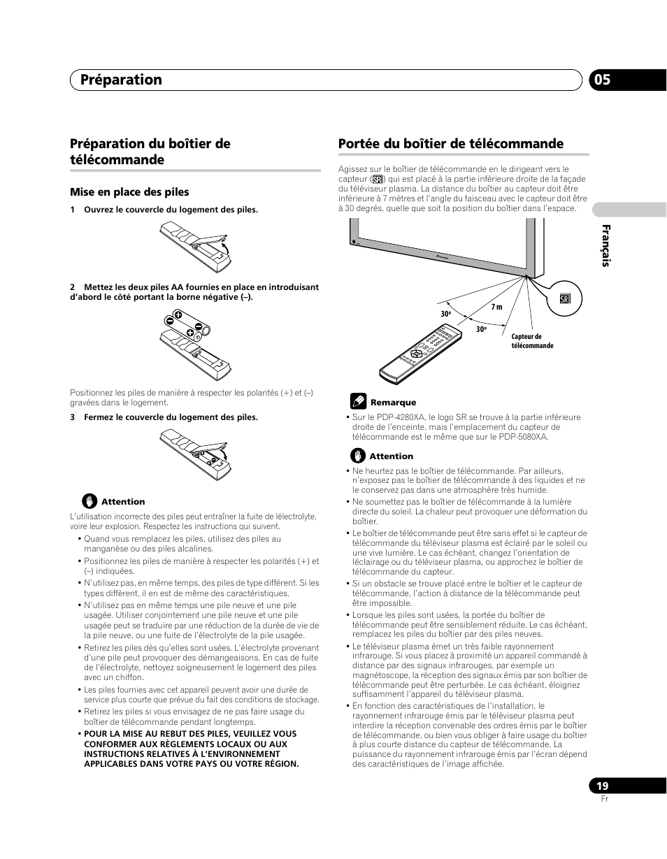 Préparation du boîtier de télécommande, Portée du boîtier de télécommande, Préparation 05 | Pioneer PDP-5080XA User Manual | Page 79 / 362