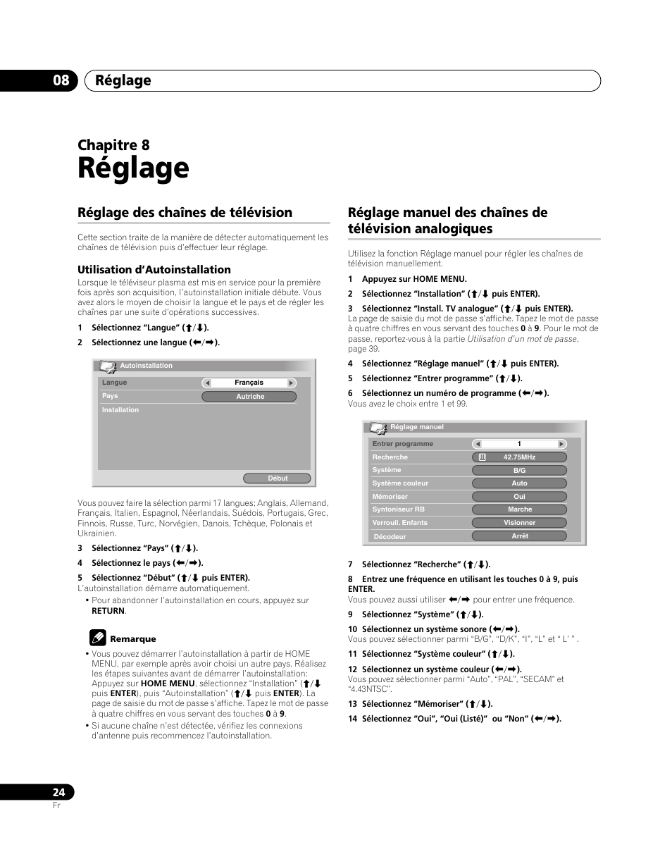 08 réglage, Réglage des chaînes de télévision, Réglage manuel des chaînes de télévision | Analogiques, Réglage, Réglage 08, Chapitre 8 | Pioneer PDP-5080XA User Manual | Page 84 / 362