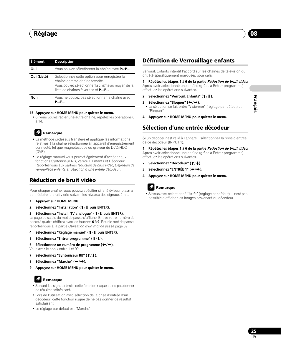 Réduction de bruit vidéo, Définition de verrouillage enfants, Sélection d’une entrée décodeur | Réglage 08 | Pioneer PDP-5080XA User Manual | Page 85 / 362