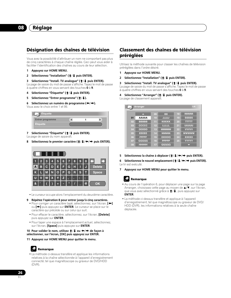 Désignation des chaînes de télévision, Classement des chaînes de télévision, Préréglées | Réglage 08, Classement des chaînes de télévision préréglées | Pioneer PDP-5080XA User Manual | Page 86 / 362