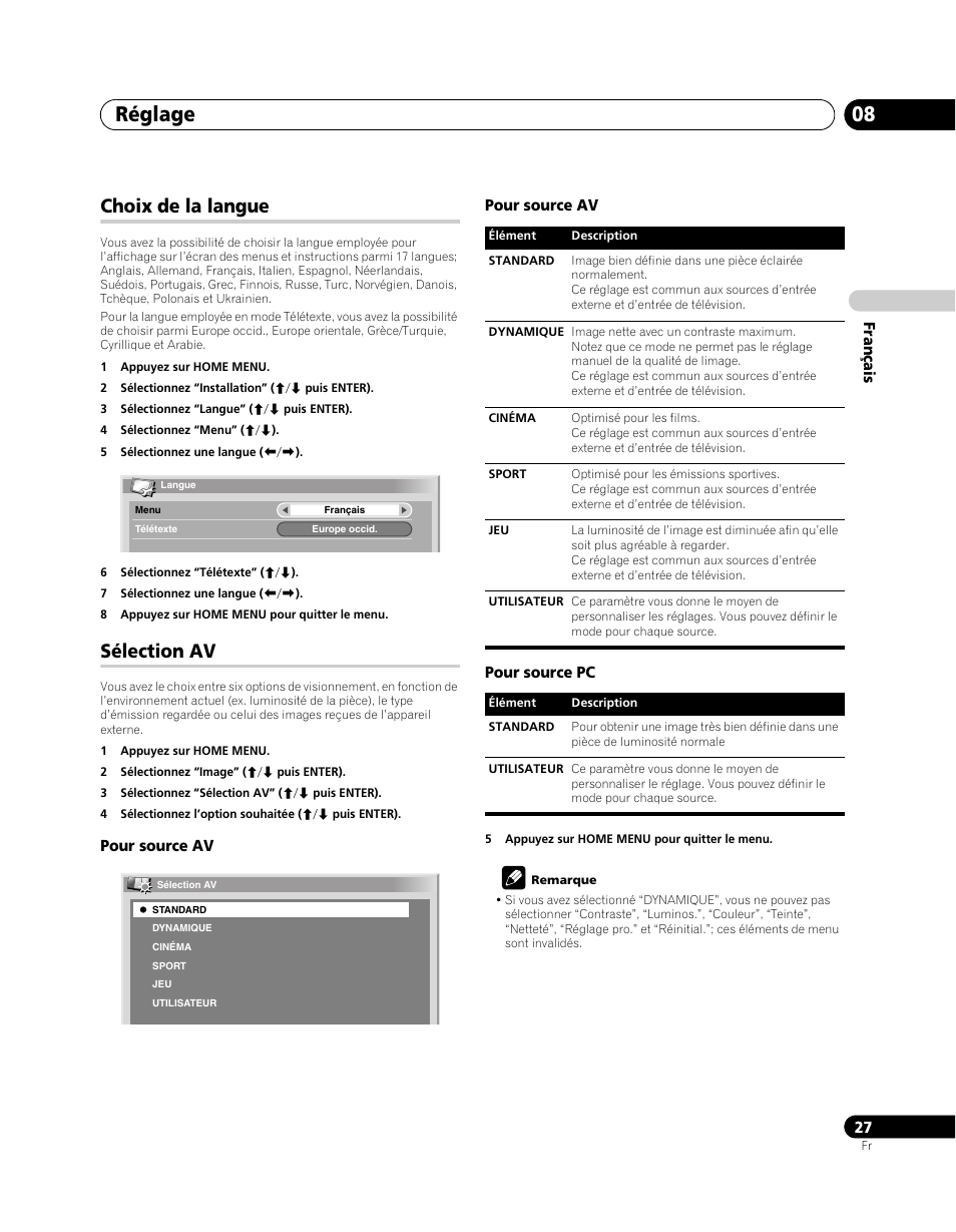 Choix de la langue, Sélection av, Réglage 08 | Pioneer PDP-5080XA User Manual | Page 87 / 362