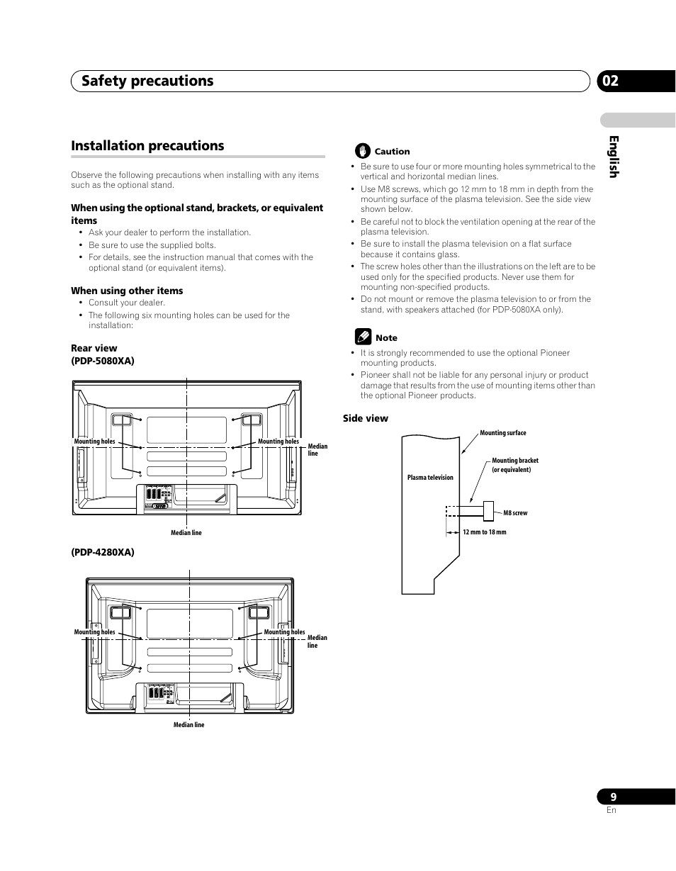 Installation precautions, Safety precautions 02, English | Pioneer PDP-5080XA User Manual | Page 9 / 362