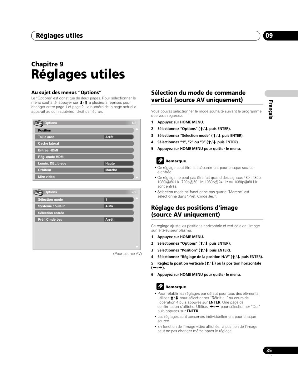 09 réglages utiles, Sélection du mode de commande vertical, Source av uniquement) | Réglage des positions d’image, Réglages utiles, Réglages utiles 09, Chapitre 9 | Pioneer PDP-5080XA User Manual | Page 95 / 362