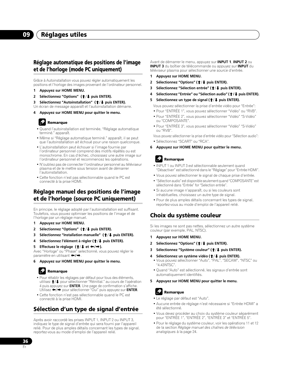 Réglage automatique des positions de l’image et de, L’horloge (mode pc uniquement), Réglage manuel des positions de l’image et de | L’horloge (source pc uniquement), Sélection d’un type de signal d’entrée, Choix du système couleur, Réglages utiles 09 | Pioneer PDP-5080XA User Manual | Page 96 / 362