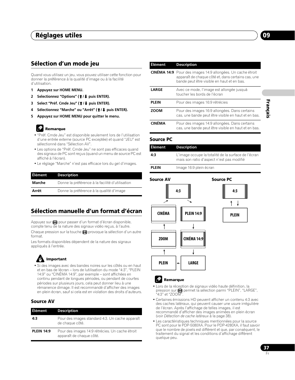 Sélection d’un mode jeu, Sélection manuelle d’un format d’écran, Réglages utiles 09 | Pioneer PDP-5080XA User Manual | Page 97 / 362