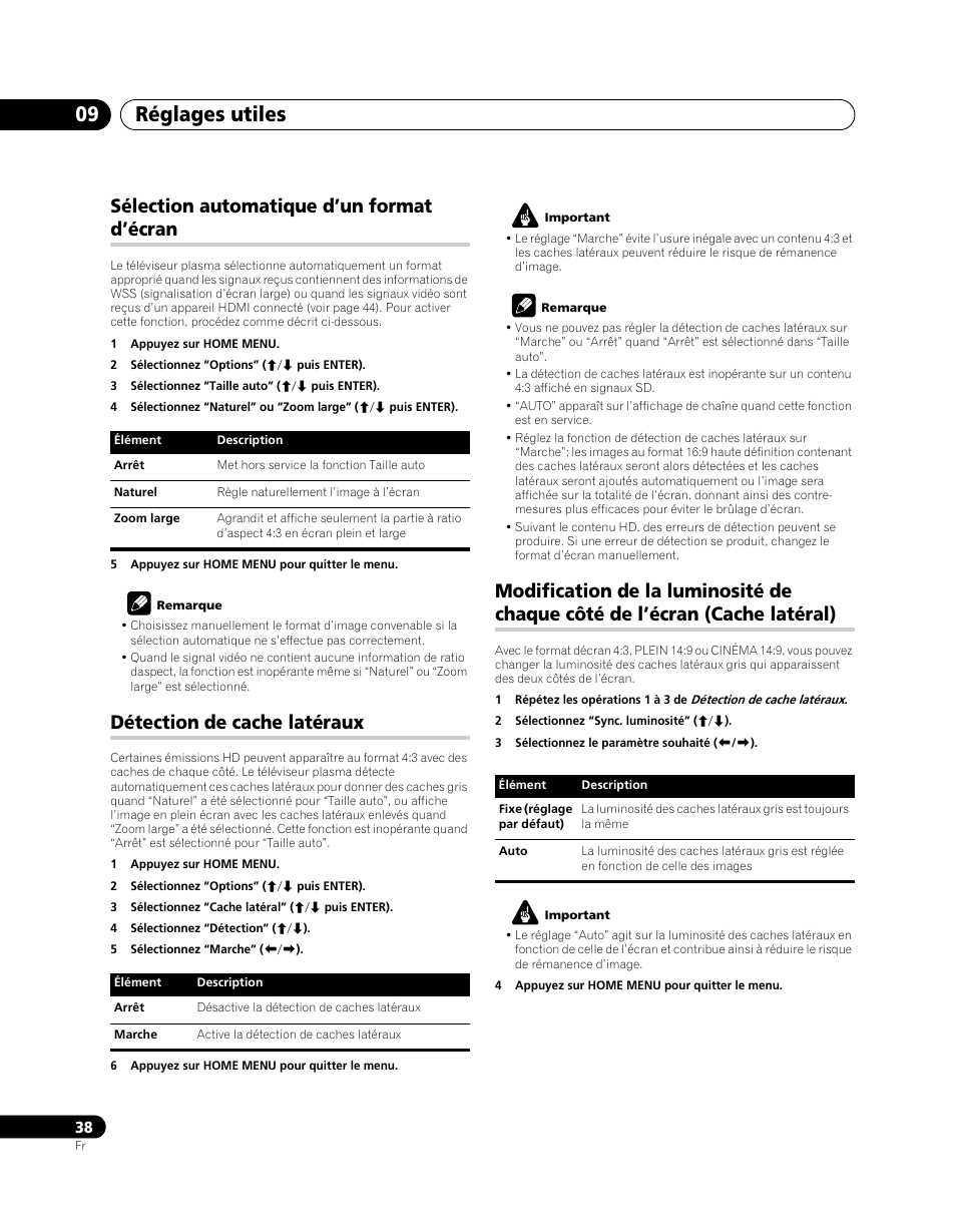 Sélection automatique d’un format d’écran, Détection de cache latéraux, Modification de la luminosité de chaque côté de | L’écran (cache latéral), Réglages utiles 09 | Pioneer PDP-5080XA User Manual | Page 98 / 362