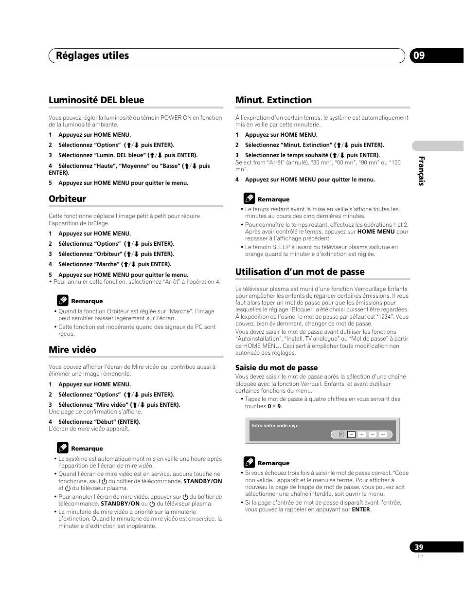 Luminosité del bleue, Orbiteur, Mire vidéo | Minut. extinction, Utilisation d’un mot de passe, Réglages utiles 09 | Pioneer PDP-5080XA User Manual | Page 99 / 362