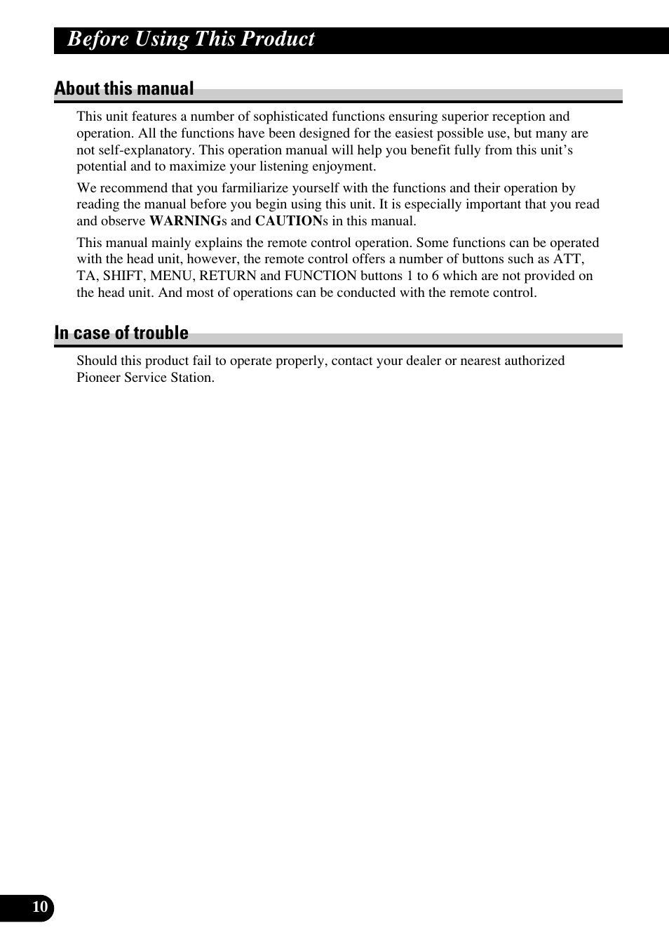 About this manual in case of trouble, Before using this product, About this manual | Pioneer RS-D7RII User Manual | Page 10 / 92