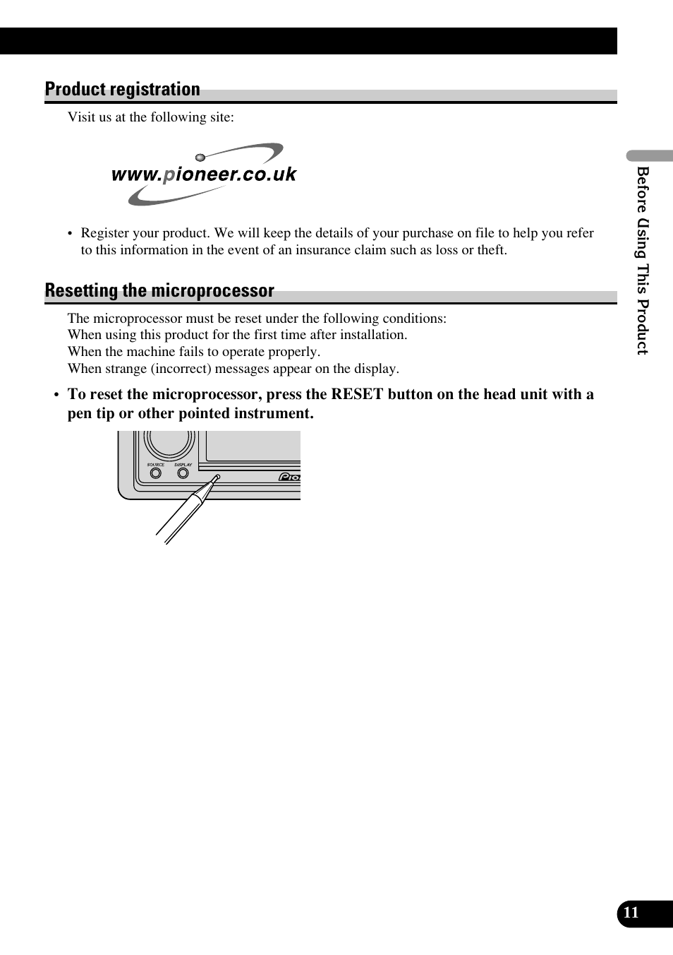 Product registration resetting the microprocessor, Product registration, Resetting the microprocessor | Pioneer RS-D7RII User Manual | Page 11 / 92