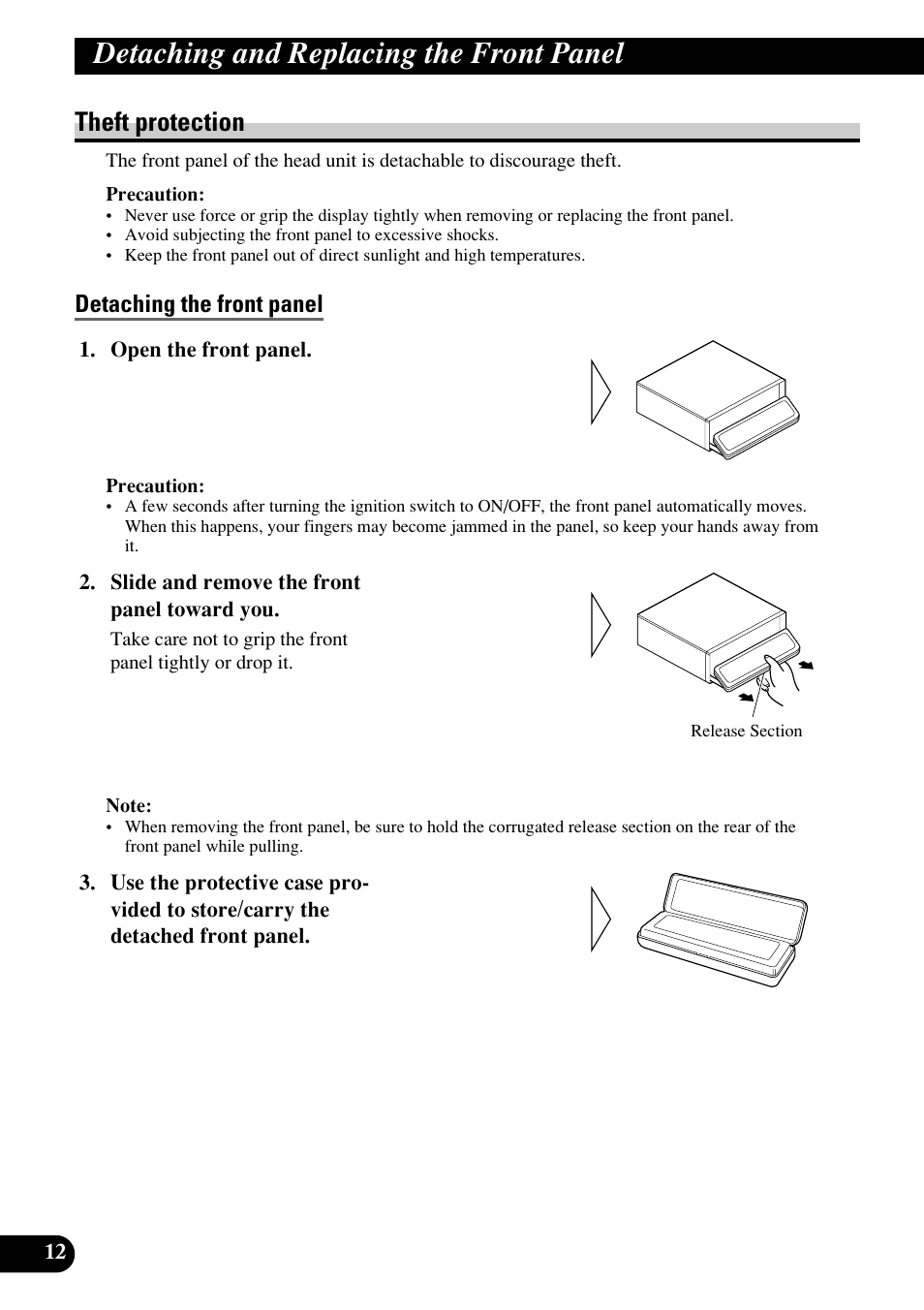 Detaching and replacing, The front panel, Theft protection | Detaching the front panel, Detaching and replacing the front panel, Slide and remove the front panel toward you, Open the front panel | Pioneer RS-D7RII User Manual | Page 12 / 92