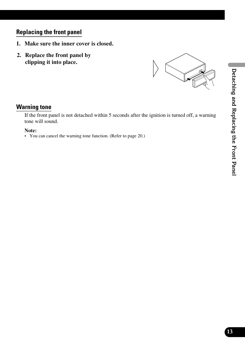 Replacing the front panel, Warning tone | Pioneer RS-D7RII User Manual | Page 13 / 92