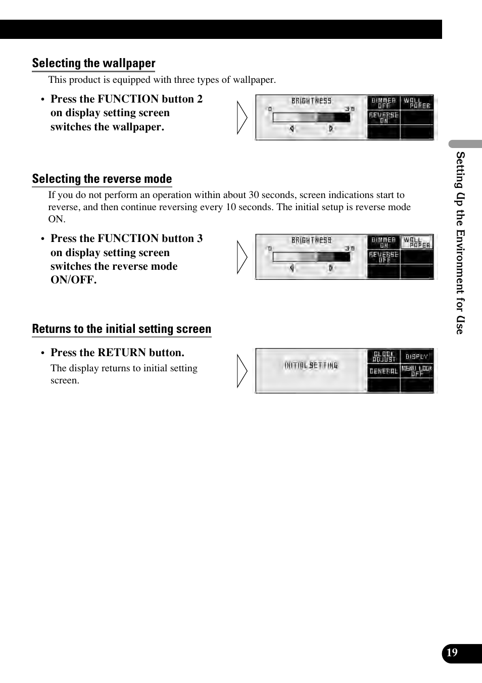 Selecting the wallpaper, Selecting the reverse mode, Returns to the initial setting screen | Pioneer RS-D7RII User Manual | Page 19 / 92
