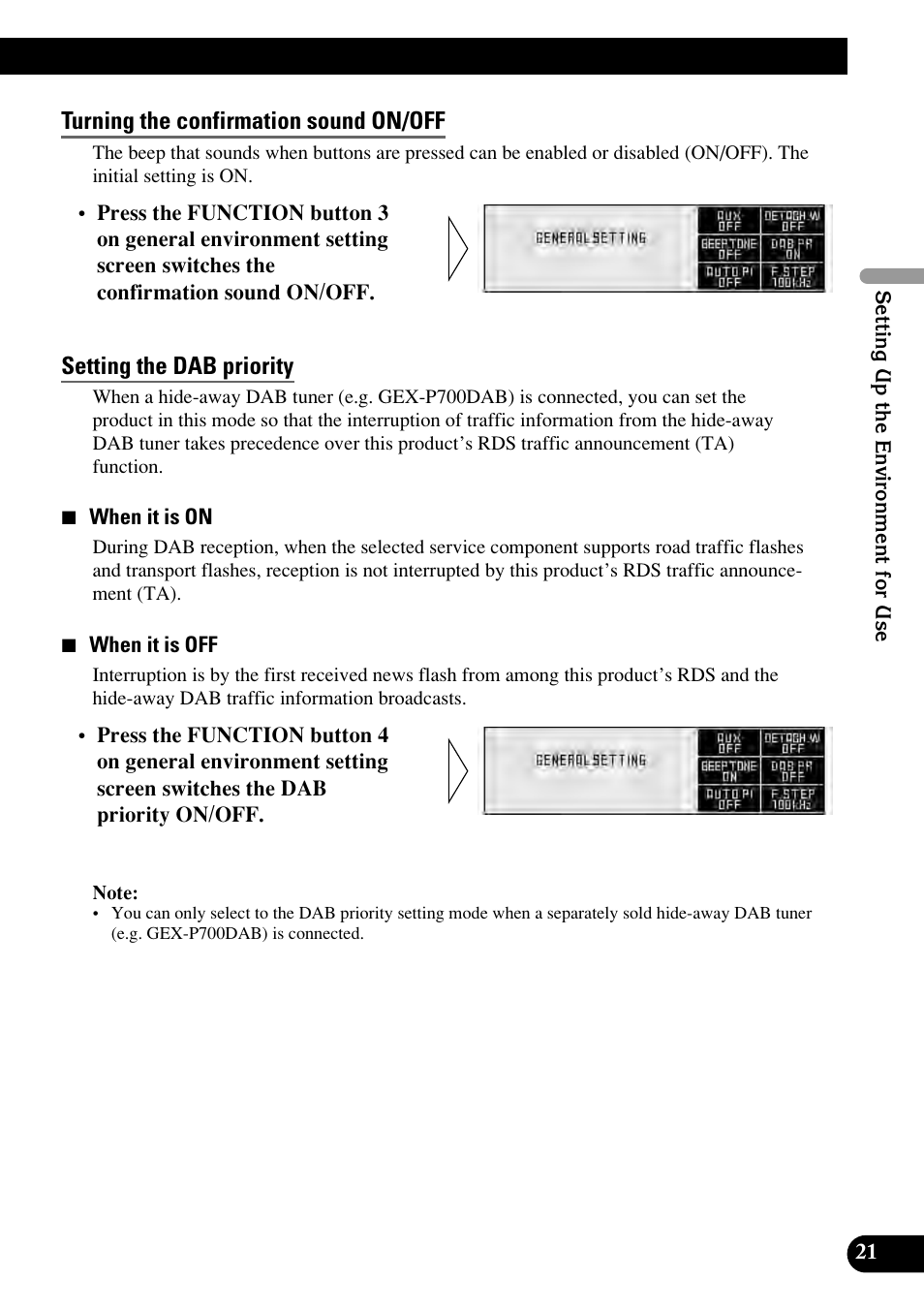 Turning the confirmation sound on/off, Setting the dab priority | Pioneer RS-D7RII User Manual | Page 21 / 92