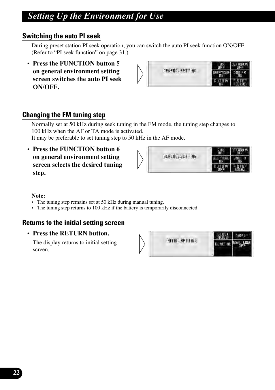 Switching the auto pi seek, Changing the fm tuning step, Returns to the initial setting screen | Setting up the environment for use | Pioneer RS-D7RII User Manual | Page 22 / 92