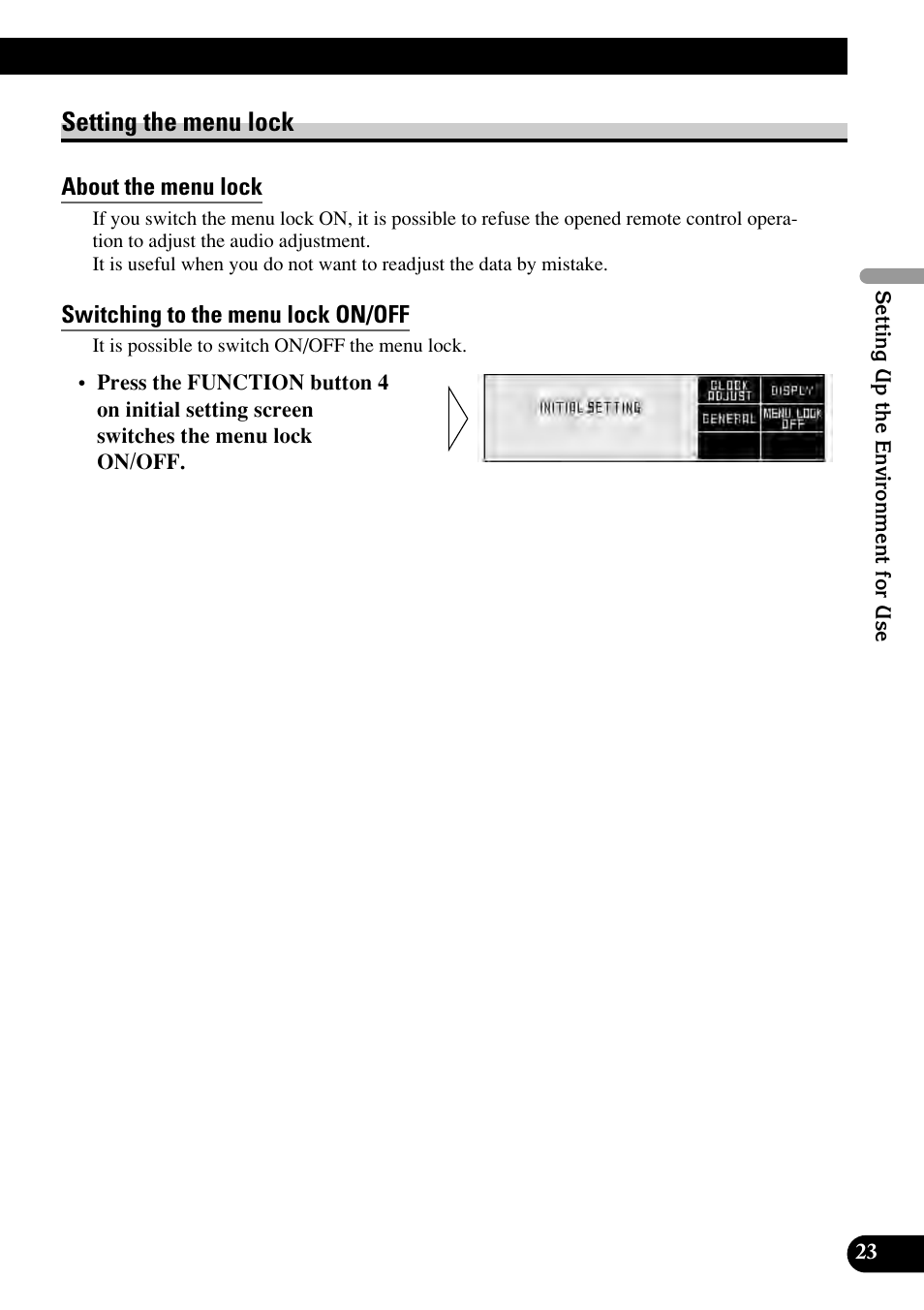 Setting the menu lock, About the menu lock, Switching to the menu lock on/off | Pioneer RS-D7RII User Manual | Page 23 / 92