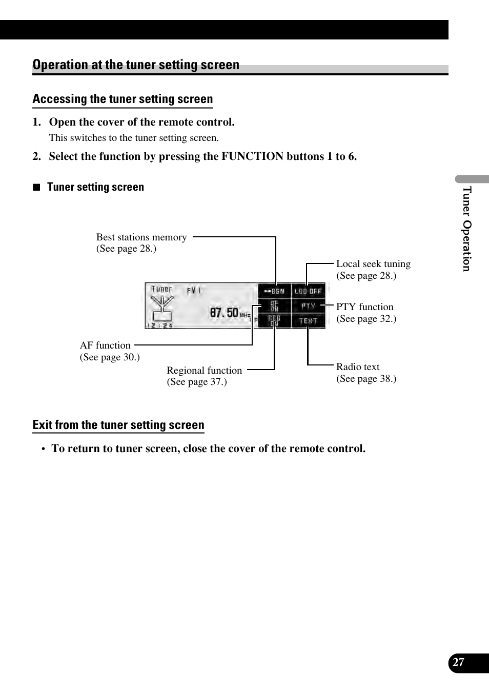 Operation at the tuner setting screen, Accessing the tuner setting screen, Exit from the tuner setting screen | Pioneer RS-D7RII User Manual | Page 27 / 92