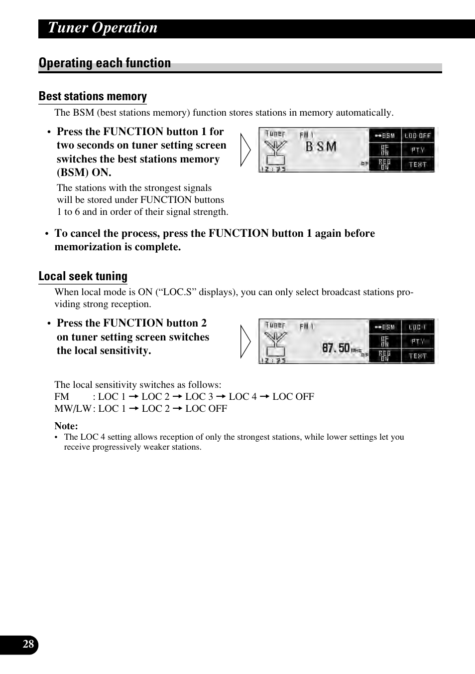 Operating each function, Best stations memory, Local seek tuning | Tuner operation | Pioneer RS-D7RII User Manual | Page 28 / 92