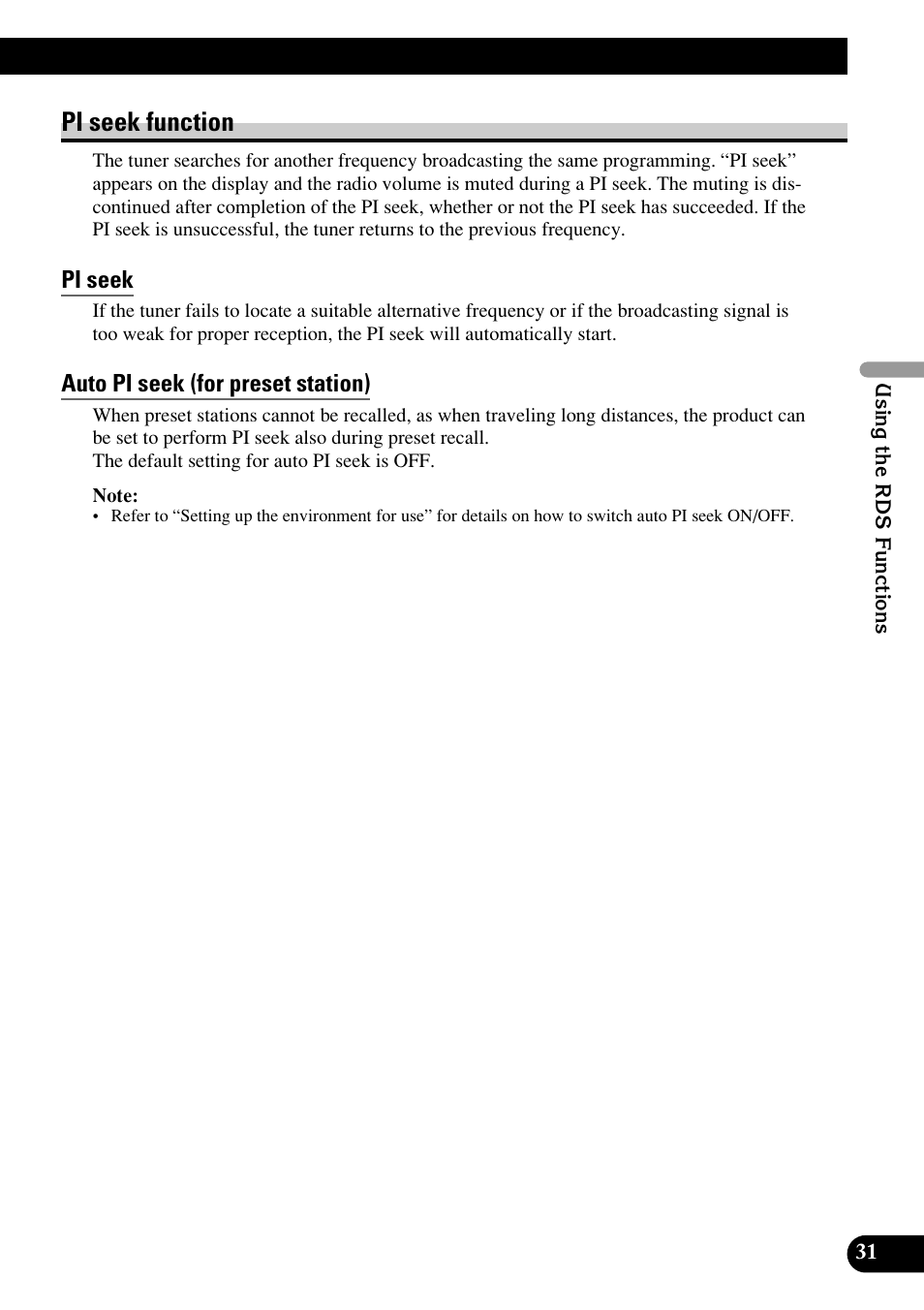 Pi seek function, Pi seek, Auto pi seek (for preset station) | Pioneer RS-D7RII User Manual | Page 31 / 92