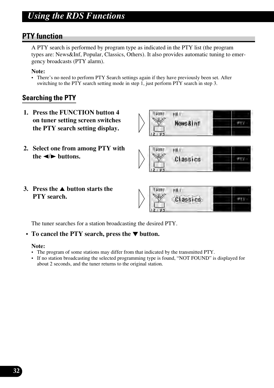 Pty function, Searching the pty, Using the rds functions | Pioneer RS-D7RII User Manual | Page 32 / 92