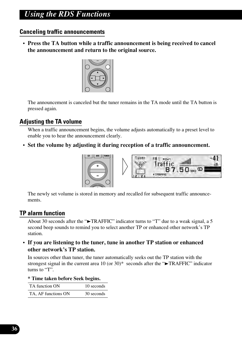 Canceling traffic announcements, Adjusting the ta volume, Tp alarm function | Using the rds functions | Pioneer RS-D7RII User Manual | Page 36 / 92