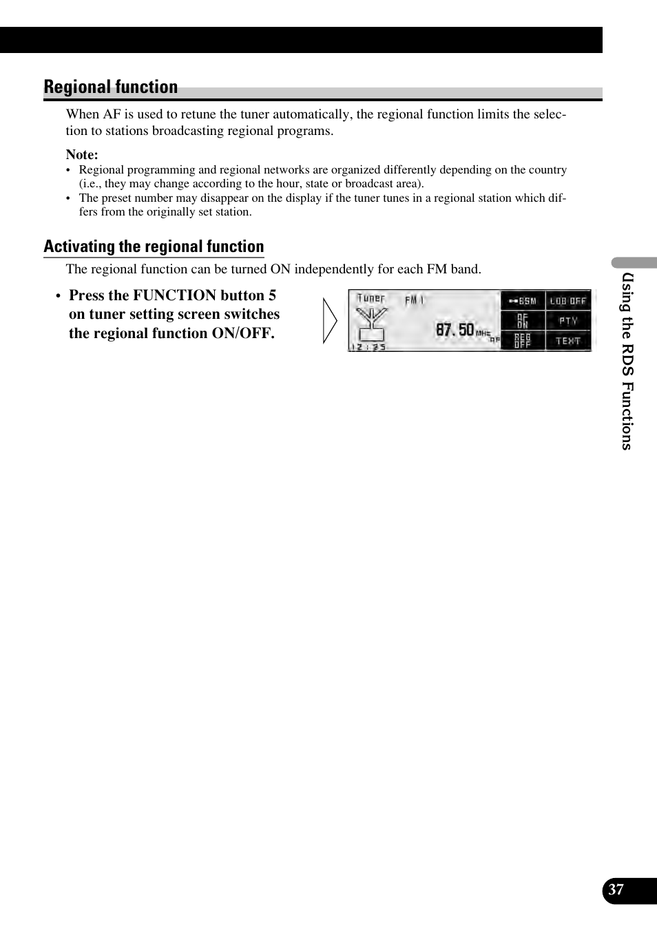 Regional function, Activating the regional function | Pioneer RS-D7RII User Manual | Page 37 / 92