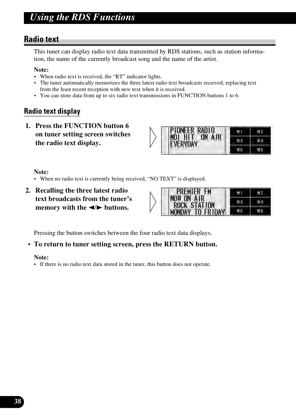 Radio text, Radio text display, Using the rds functions | Pioneer RS-D7RII User Manual | Page 38 / 92