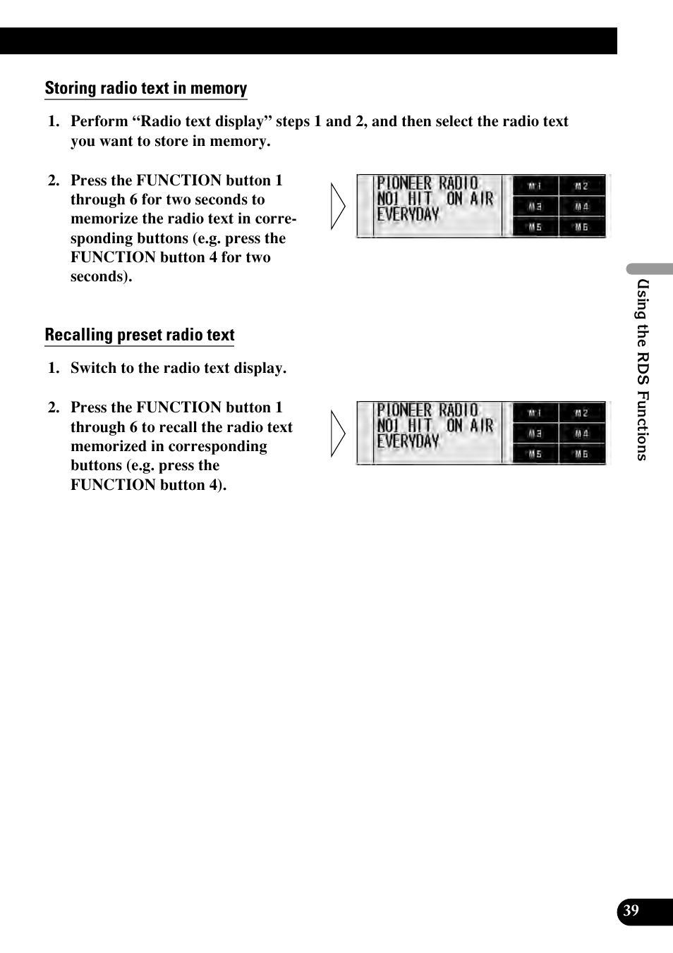 Storing radio text in memory, Recalling preset radio text | Pioneer RS-D7RII User Manual | Page 39 / 92
