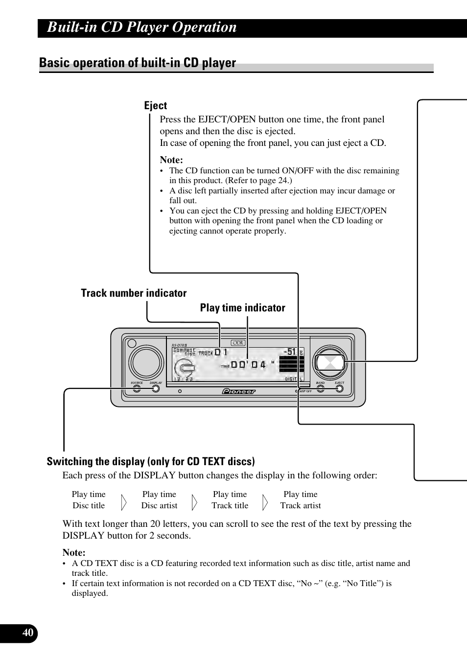 Built-in cd player operation, Basic operation of built-in cd player | Pioneer RS-D7RII User Manual | Page 40 / 92