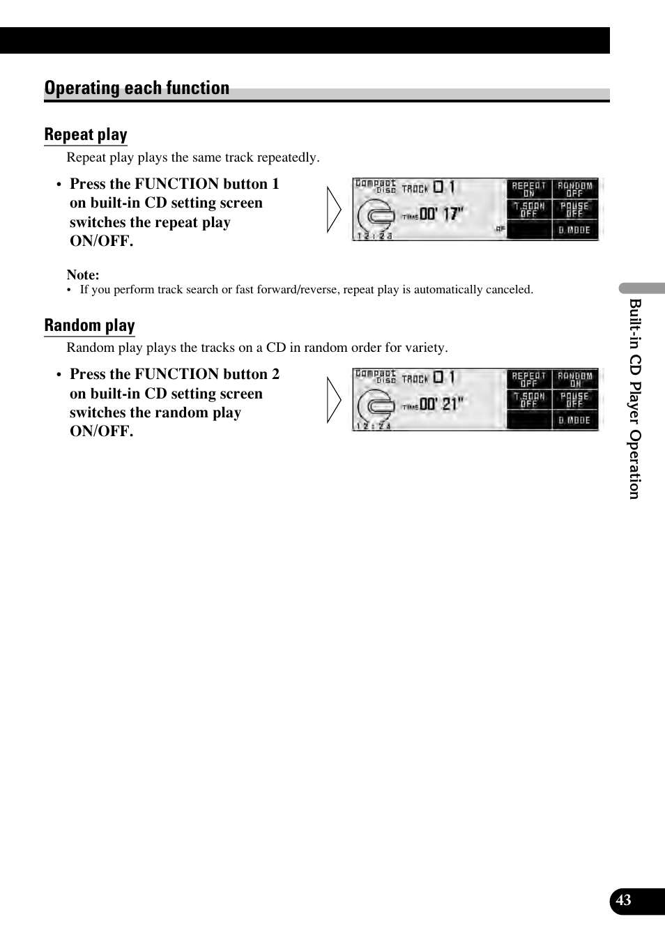 Operating each function, Repeat play, Random play | Pioneer RS-D7RII User Manual | Page 43 / 92