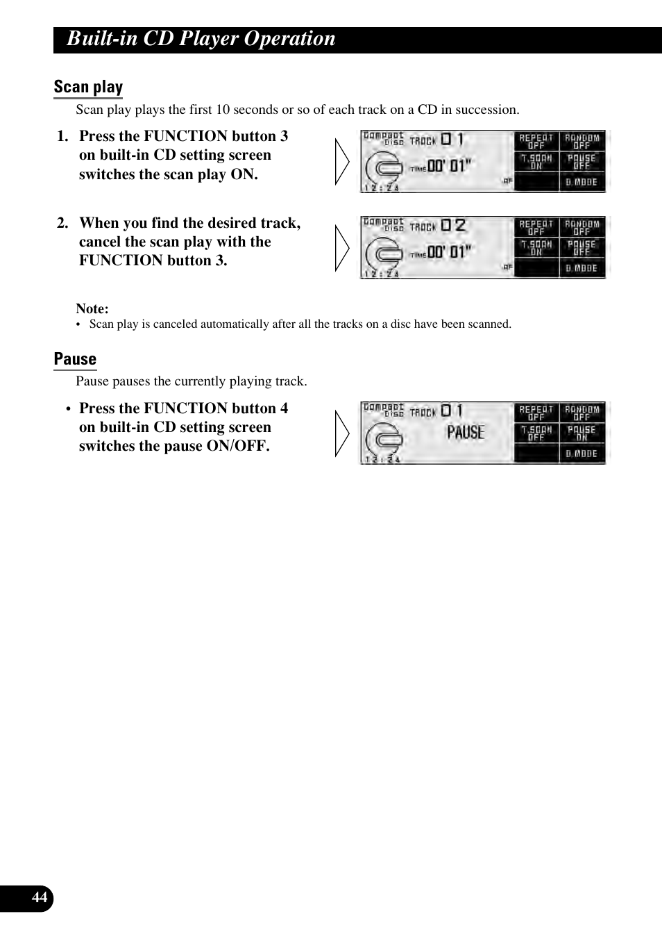 Scan play, Pause, Built-in cd player operation | Pioneer RS-D7RII User Manual | Page 44 / 92