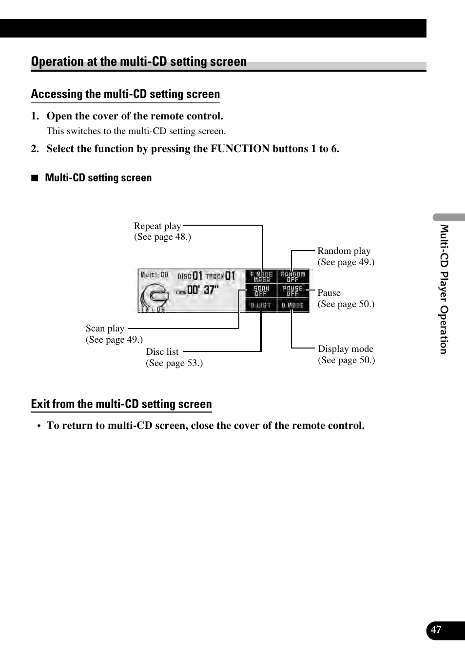 Operation at the multi-cd setting screen, Accessing the multi-cd setting screen, Exit from the multi-cd setting screen | Pioneer RS-D7RII User Manual | Page 47 / 92