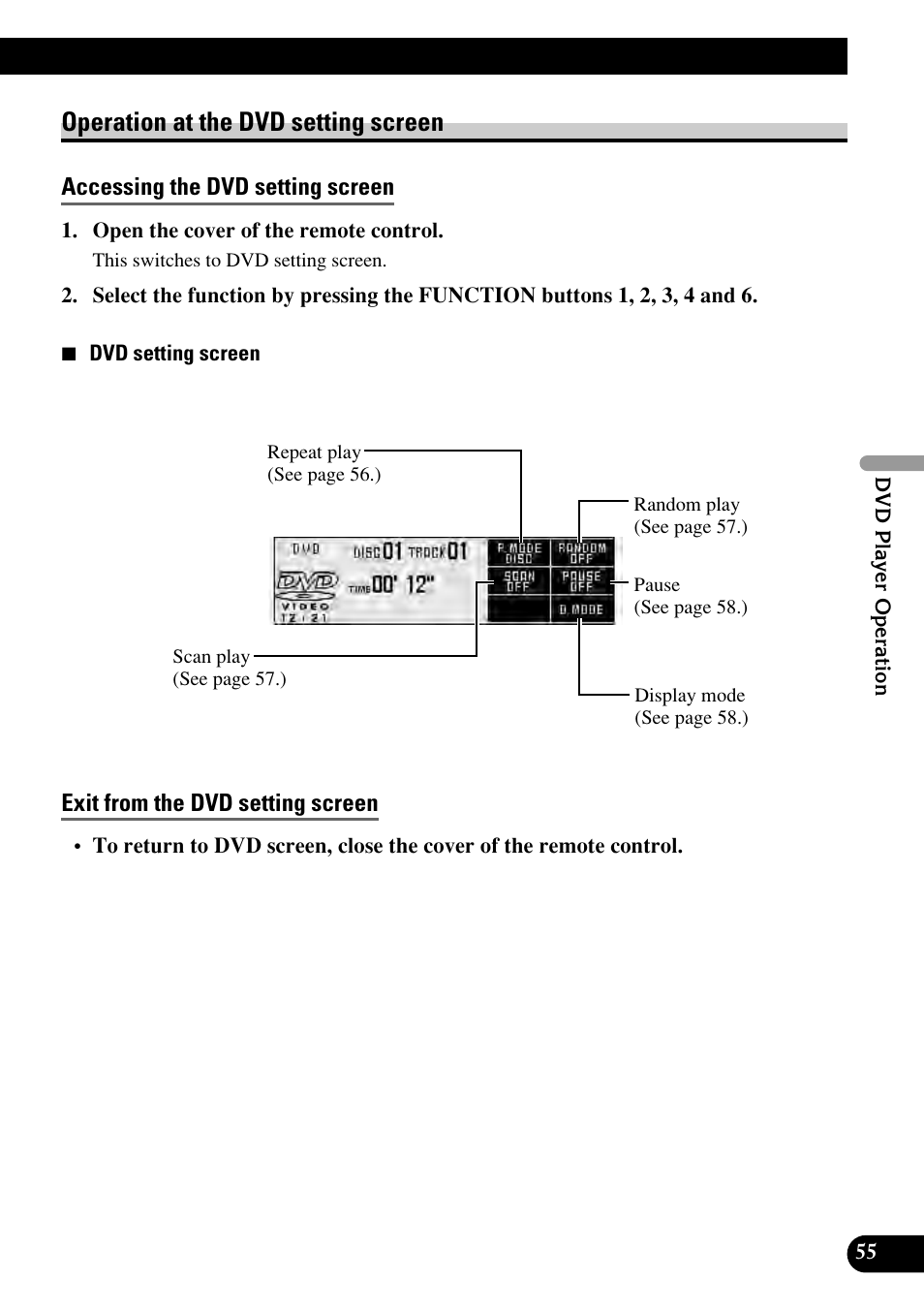 Operation at the dvd setting screen, Accessing the dvd setting screen, Exit from the dvd setting screen | Pioneer RS-D7RII User Manual | Page 55 / 92