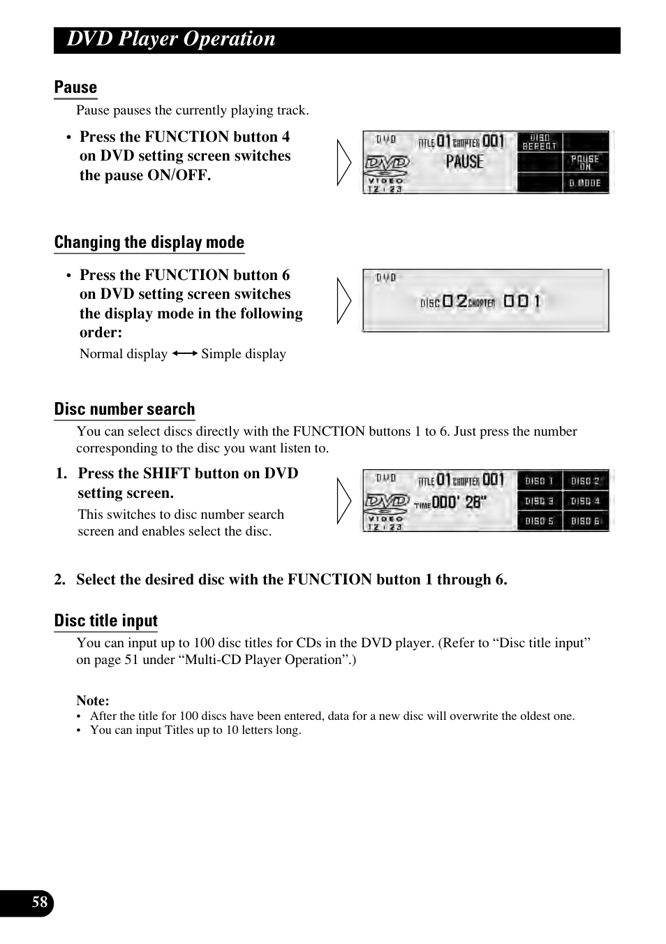 Pause, Changing the display mode, Disc number search | Disc title input, Dvd player operation | Pioneer RS-D7RII User Manual | Page 58 / 92