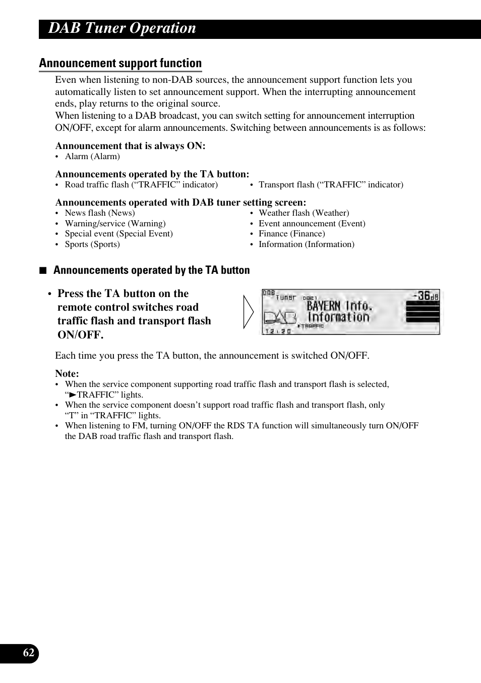 Announcement support function, Dab tuner operation | Pioneer RS-D7RII User Manual | Page 62 / 92