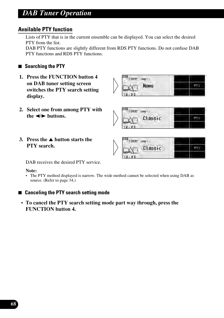 Available pty function, Dab tuner operation | Pioneer RS-D7RII User Manual | Page 68 / 92