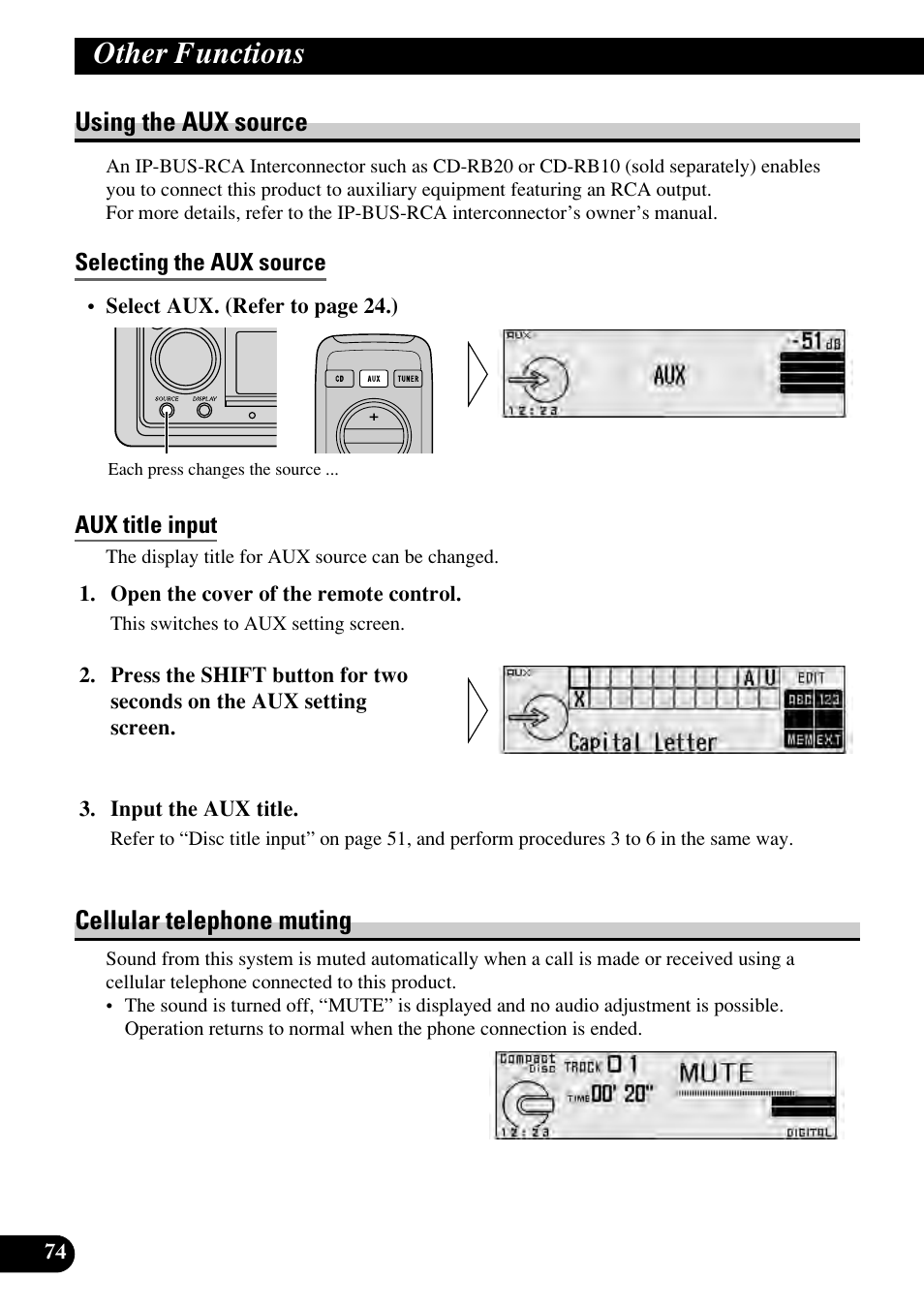 Other functions, Using the aux source, Selecting the aux source | Aux title input, Cellular telephone muting | Pioneer RS-D7RII User Manual | Page 74 / 92