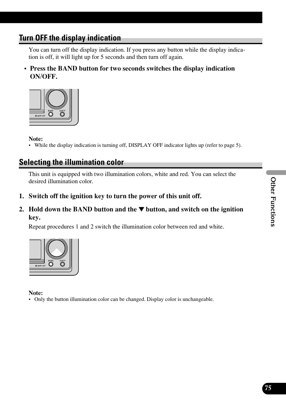 Turn off the display indication, Selecting the illumination color | Pioneer RS-D7RII User Manual | Page 75 / 92