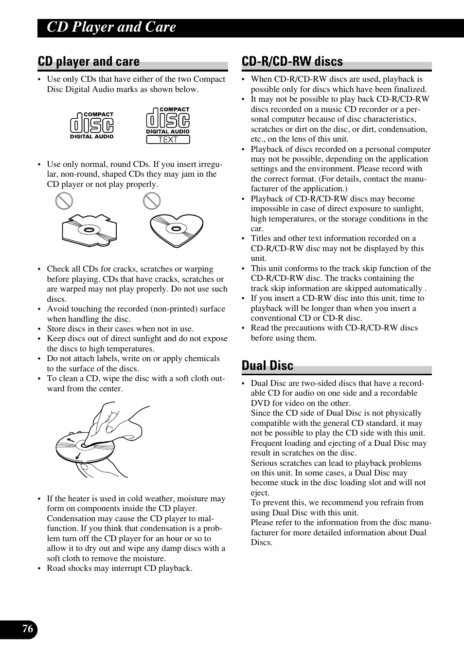 Cd player and care, Cd player and care cd-r/cd-rw discs dual disc, Cd-r/cd-rw discs | Dual disc | Pioneer RS-D7RII User Manual | Page 76 / 92