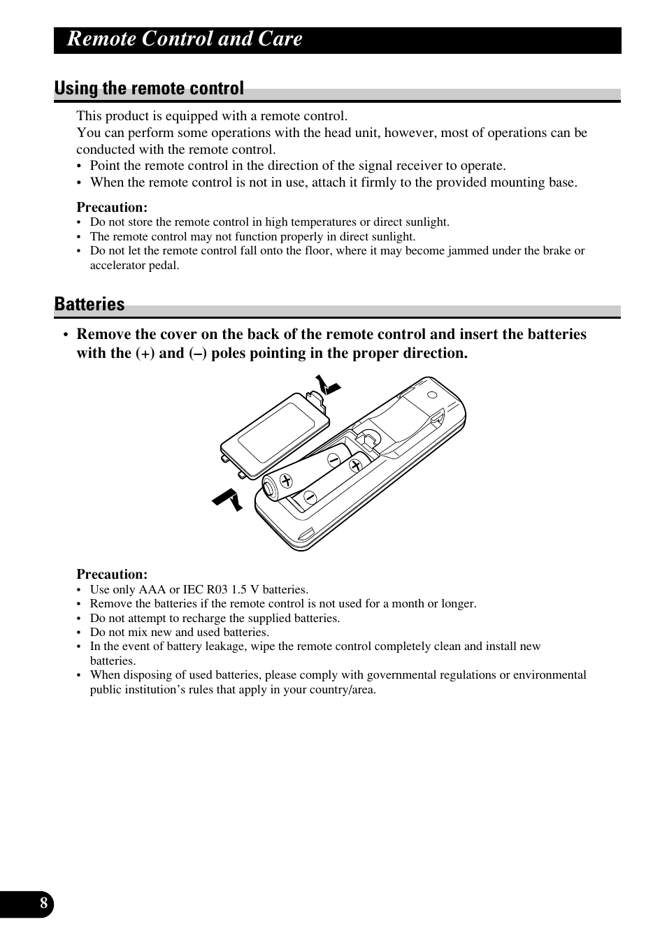 Remote control and care, Using the remote control batteries, Using the remote control | Batteries | Pioneer RS-D7RII User Manual | Page 8 / 92