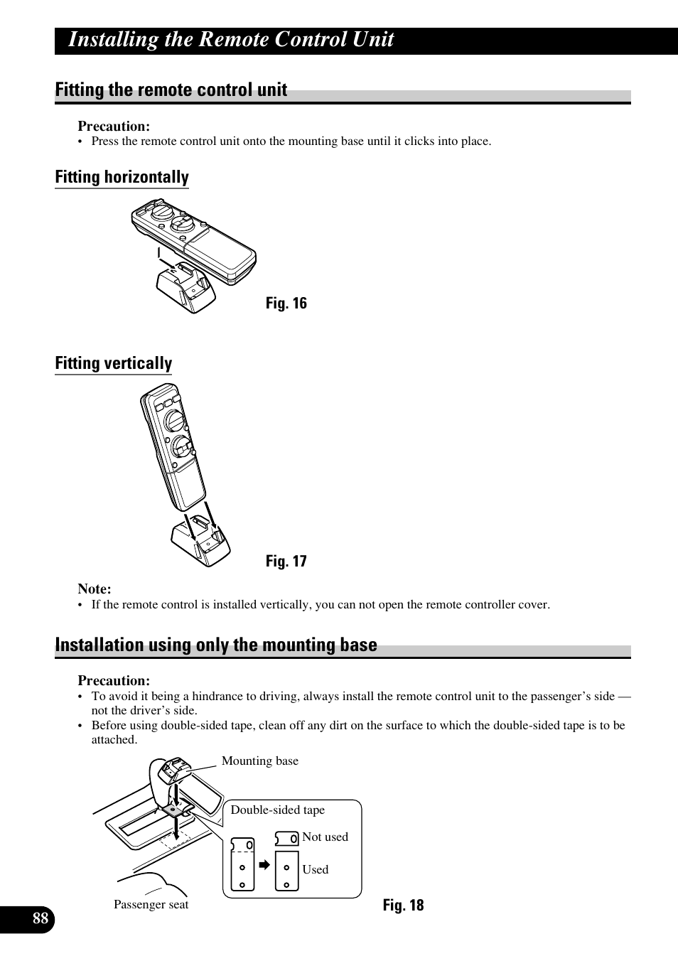 Installing the remote control unit, Fitting the remote control unit, Fitting horizontally | Fitting vertically, Installation using only the mounting base | Pioneer RS-D7RII User Manual | Page 88 / 92