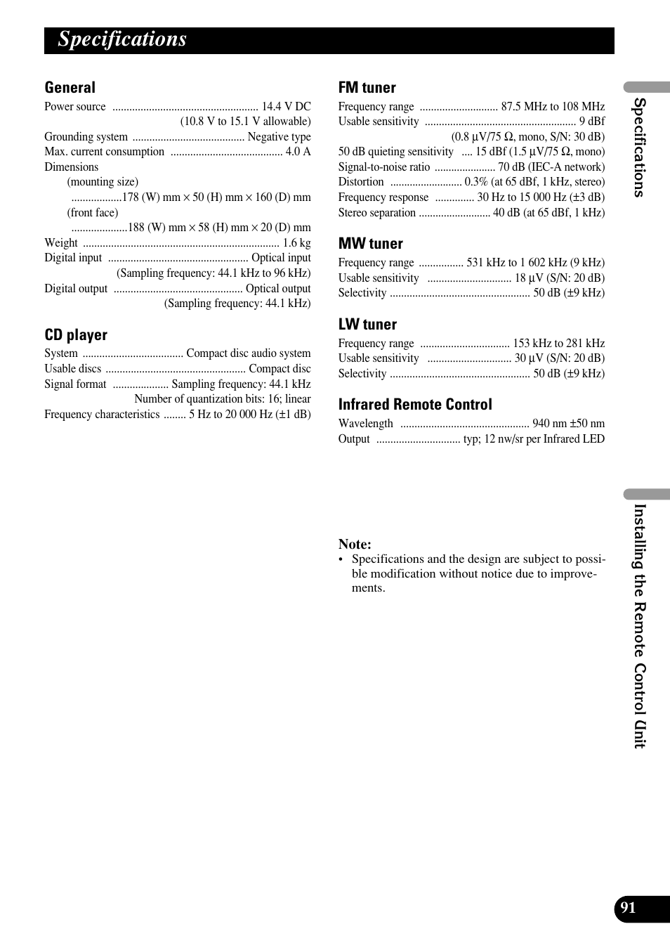 Specifications | Pioneer RS-D7RII User Manual | Page 91 / 92