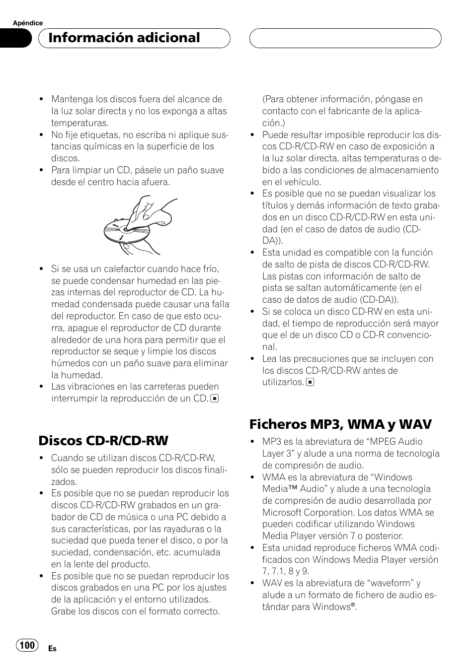 Discos cd-r/cd-rw 100, Ficheros mp3, wma y wav 100, Discos cd-r/cd-rw | Ficheros mp3, wma y wav, Información adicional | Pioneer DEH-P6700MP User Manual | Page 100 / 108