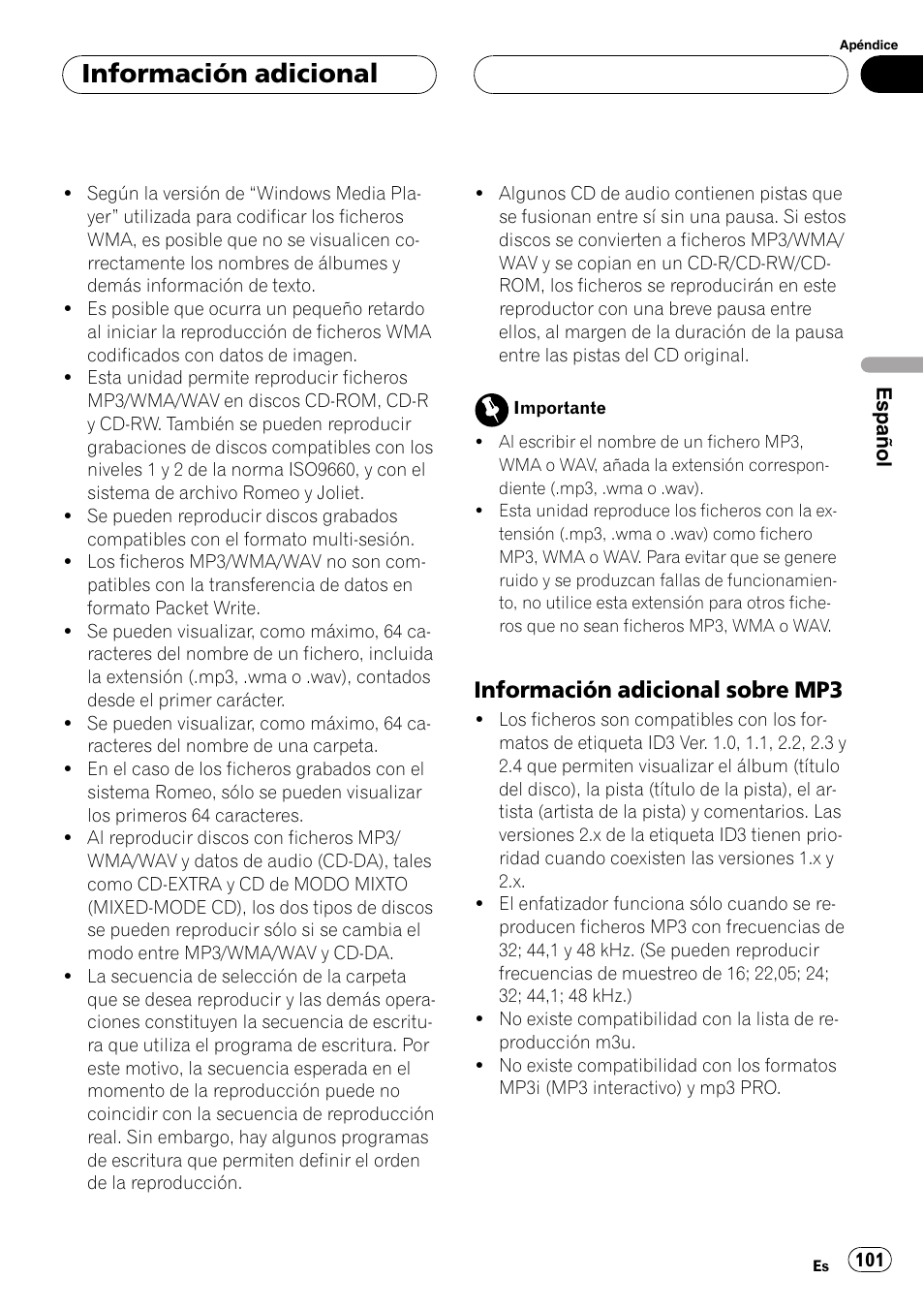 Información adicional sobre, Mp3 101, Información adicional | Información adicional sobre mp3 | Pioneer DEH-P6700MP User Manual | Page 101 / 108