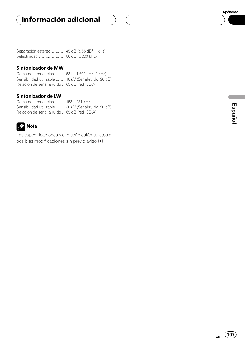 Información adicional, Español | Pioneer DEH-P6700MP User Manual | Page 107 / 108