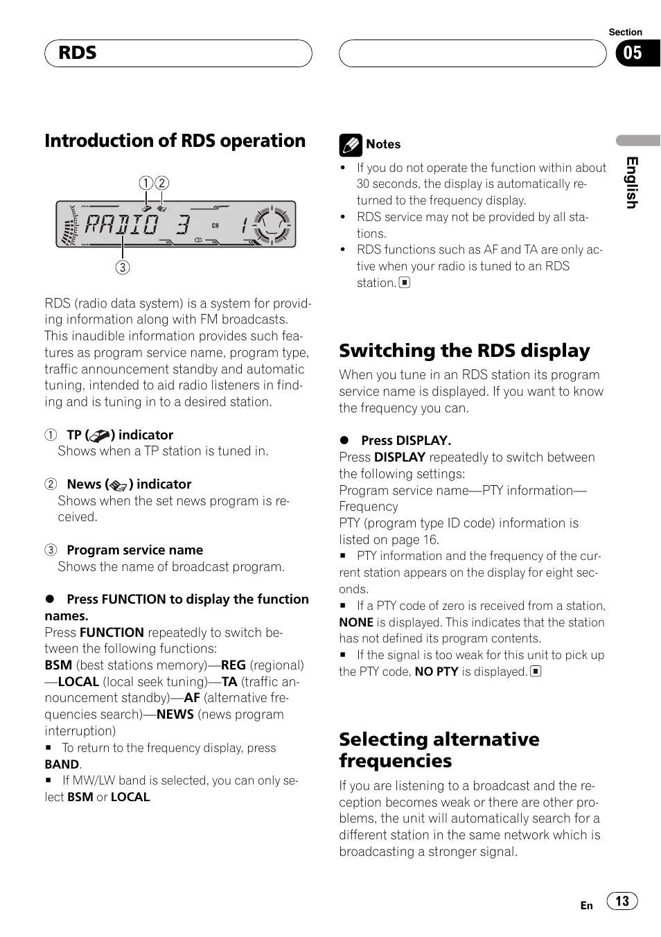 Introduction of rds operation 13, Switching the rds display 13, Selecting alternative frequencies 13 | Introduction of rds operation, Switching the rds display, Selecting alternative frequencies | Pioneer DEH-P6700MP User Manual | Page 13 / 108