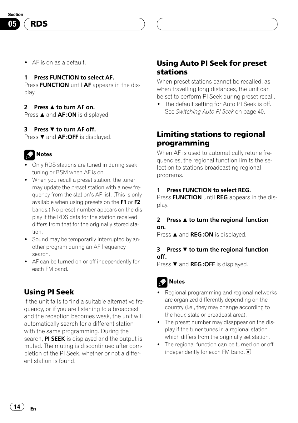 Using pi seek 14, Using auto pi seek for preset, Stations 14 | Limiting stations to regional, Programming 14, Using pi seek, Using auto pi seek for preset stations, Limiting stations to regional programming | Pioneer DEH-P6700MP User Manual | Page 14 / 108